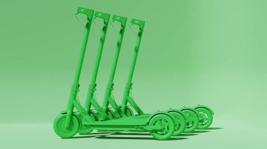 Tek renk stüdyo yeşil spor ekipmanı scooter yeşil arka planda, sağlam arka plan, düz zemin, 3D görüntüleme