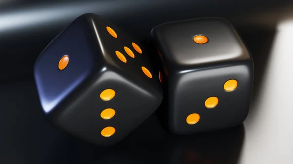 輝くオレンジ色のネオンが輝く未来的なブラックダイス 3Dレンダリング — ストック写真