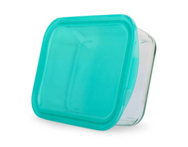 Beyaz arka planda izole edilmiş cam yiyecek konteynırlarını kapat