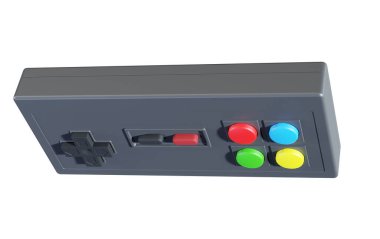 Sevimli renkli oyun konsolu, beyaz arka planda oyun konsolu. Bilgisayar oyunu. 3d hazırlayıcı