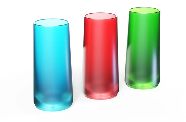 Zehn Gläser Mit Flüssigkeiten Unterschiedlicher Farbe Auf Weißem Hintergrund Mit — Stockfoto