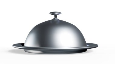Beyaz arka planda izole edilmiş gümüş kaplama Cloche servis edilir. 3d oluşturma