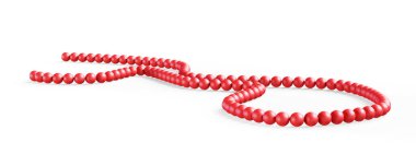 Şeffaf bir olta ipindeki kırmızı plastik boncukların arka planı. Boncuklar dikey bir dalga şeklinde dizilmiş. Bijouterie. Eski tarz. 3d hazırlayıcı