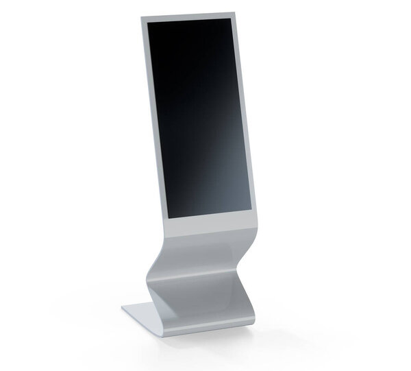 Silver Metallic Interactive Information Terminal. Front View of a Touch Screen Kiosk Stand . 3D Render of a Console with a Blank Empty Screen Isolated on a White Background.