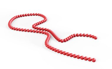 Şeffaf bir olta ipindeki kırmızı plastik boncukların arka planı. Boncuklar dikey bir dalga şeklinde dizilmiş. Bijouterie. Eski tarz. 3d hazırlayıcı