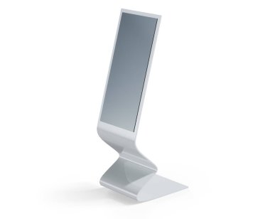 Silver Metallic Etkileşimli Bilgi Terminali. Dokunmatik Ekran Büfesi 'nin ön görüntüsü. Beyaz Arkaplan üzerine izole edilmiş Boş Ekranlı 3B Renklendirme.
