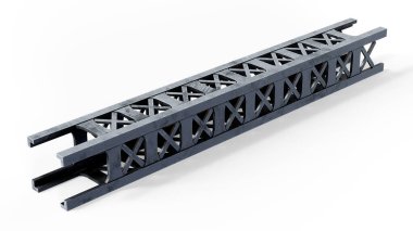 Beyaz arka planda izole edilmiş metal endüstriyel merdiven. Parlak metal çitler, sarı merdivenler, kahverengi kolonlar ve kirişler. Mühendislik ve endüstriyel geçmiş. 3B görüntüleme.