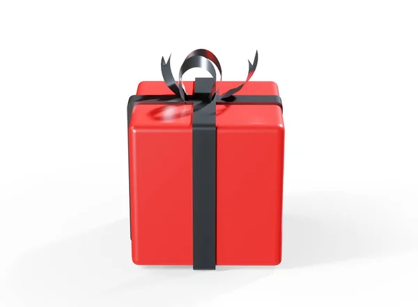 带红色缎带弓和空白标签的礼品盒 白色底座 — 图库照片