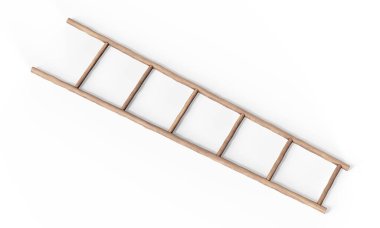 Beyaz duvarın yanındaki tahta merdiven 3 boyutlu.