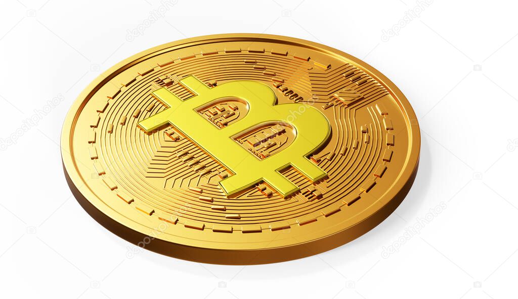 Close up 3D render of paneled golden Bitcoins