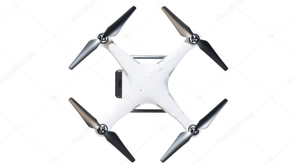 Creative abstract 3D render illustration of professional remote controlled wireless black RC quadcopter drone with video and photo camera 