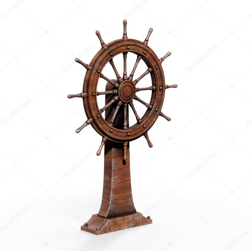 The boat steering wheel is surrounded by Pirate ship, card chest, cannon and compass on the beach.-3d rendering.