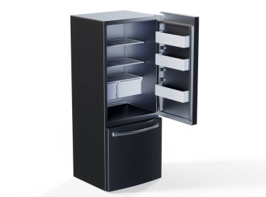 İzole edilmiş beyaz arkaplandaki metalik buzdolabı 3D görüntüleyici