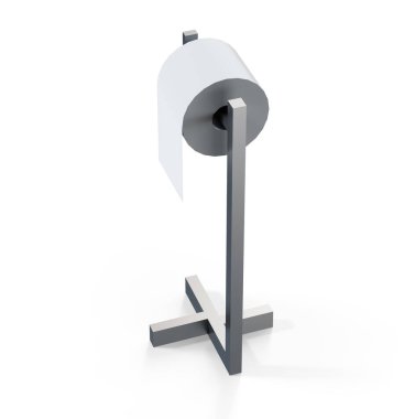 Rulo bir krom tuvalet kağıdı tutucu izole bir beyaz üzerine asılı beyaz tuvalet kağıdı dokulu arka plan - 3d render