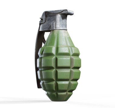 Beyaz arkaplanda izole edilmiş bir el bombasının 3D çizimi