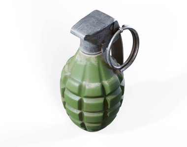 Beyaz arkaplanda izole edilmiş bir el bombasının 3D çizimi