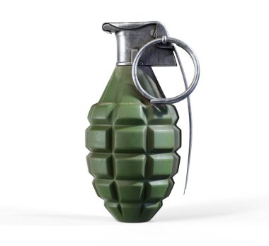 Beyaz arkaplanda izole edilmiş bir el bombasının 3D çizimi