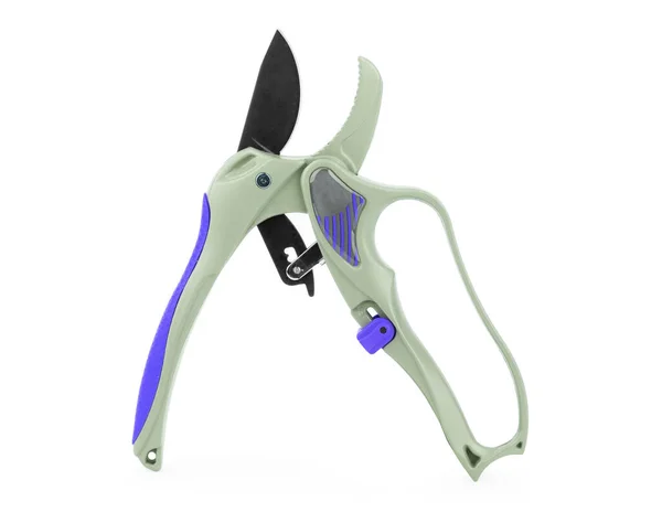 Green Garden Secateurs Isolated White Background Top View — Stock Photo, Image