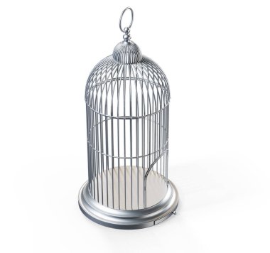 Budgie beyaz bir kafesin içinde tek başına.