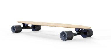 Siyah ahşap kaykay modeli beyaz arka planda izole edilmiş. Ön ve arka taraf, üç boyutlu görüntüleme. Şehir pateni için boş ahşap kereste. Üst ve yan görünüm, izole edilmiş..