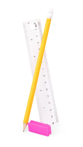 Multi Colored Pencils Eraser Ruler Sharpener Compasses White Background — ストック写真