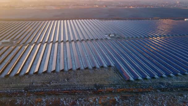 Vista aérea de paneles solares en fila en los campos energía ecología innovación naturaleza medio ambiente energía verde paisaje energía eléctrica ecología innovación naturaleza medio ambiente — Vídeo de stock