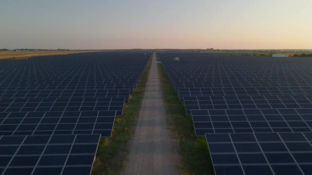 Drohnenaufnahme großer Sonnenkollektoren auf einem Solarpark bei hellem Sonnenuntergang im frühen Winter. Solarzellenanlagen — Stockvideo