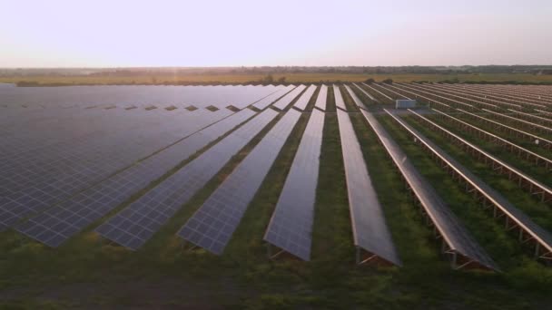 在初冬明亮的落日下，从空中俯瞰太阳农场的大型太阳能电池板。太阳能电池发电厂 — 图库视频影像
