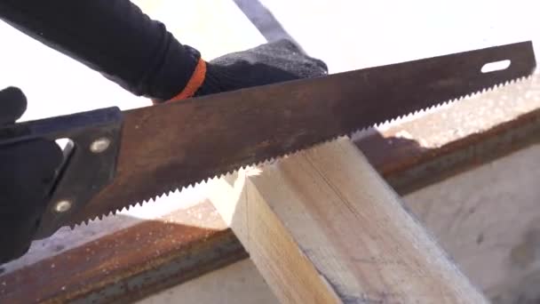 Close Professional Man Carpenter Using Hand Saw Cutting Wood Workbench — Vídeo de stock