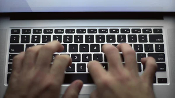 Businessman hands type on laptop keyboard business. Hands touch typing pointing cloud data social network media, Extreme close-up human hands on keyboard 4K