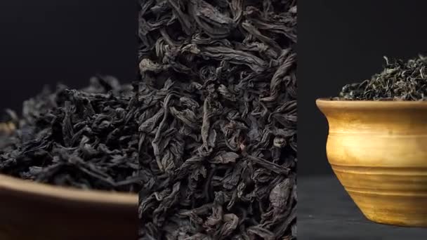 Potrójny Kolaż Zamknij Widok Suche Czarne Ceylonowe Liście Herbaty Obracają — Wideo stockowe
