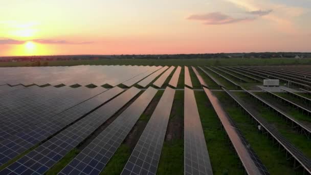 Drohnenaufnahme Großer Sonnenkollektoren Auf Einem Solarpark Bei Hellem Sonnenuntergang Frühen — Stockvideo