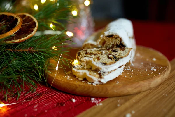 Stollen German Christmas Bread Christmas Stollen Wooden Background Traditional Festive — Stock Photo, Image