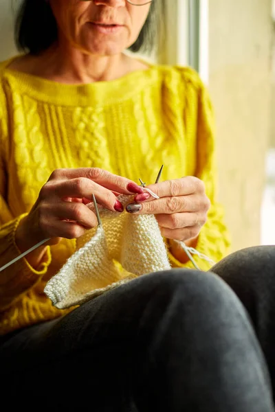 Mature Female Sitting Windowsill Knitting While Enjoying Weekend Home Senior — Stock Photo, Image