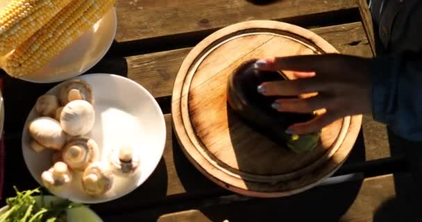 屋外での週末のバーベキュー中に木の板の上で新鮮なナスの野菜を切断する認識できない女性は グリル 夏の家族のピクニック 自然上の食品の準備 — ストック動画