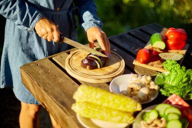 Tanınmayan bir kadın hafta sonu mangal yaparken tahta tahtaya taze patlıcan kesiyor. Izgaraya hazırlanıyor, yaz aile pikniğine hazırlanıyor, doğada yemek yiyor..