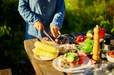 Tanınmayan bir kadın hafta sonu mangal yaparken tahta tahtaya taze patlıcan kesiyor. Izgaraya hazırlanıyor, yaz aile pikniğine hazırlanıyor, doğada yemek yiyor..