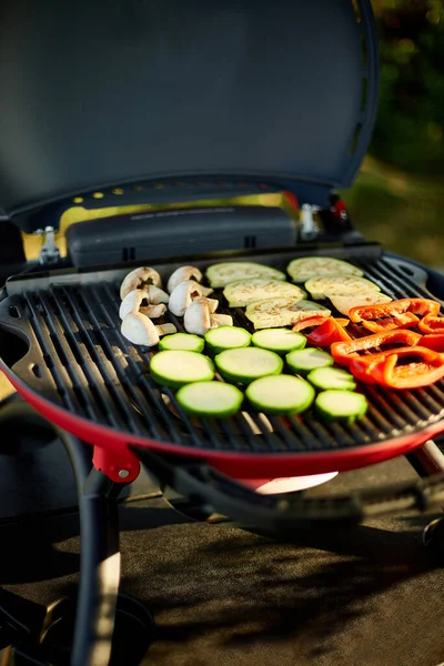 裏庭のバーベキューガスグリル屋外で野菜を焙煎する 野菜オングリル 夏の家族のピクニック 自然食品 — ストック写真