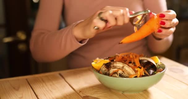 Women Scraps Peels Carrots Vegetable Peeling Throws Compost Bucket Organic — Stock Video