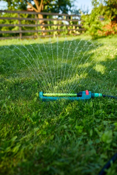 在自家院子 夏天或春天的绿草上喷洒水的摇曳的花园洒水器 — 图库照片