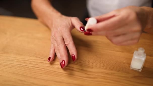 Close Senior Woman Applying Polish Nails Home Aged Female Painting — Stock Video