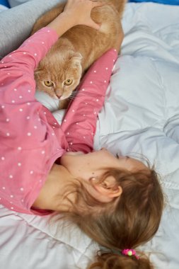 Tatlı zencefilli kedi ve küçük kız yatakta yumuşak bir battaniyeye uzanıyor, çocuk sevdalısı hayvanlar, kedi uykusu, rahat bir ev ve rahatlama konsepti, sabah yatma zamanı..
