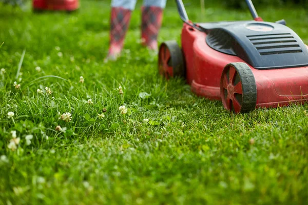 Mujer Irreconocible Corta Césped Con Una Cortadora Césped Hierba Jardín —  Fotos de Stock