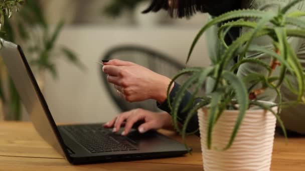 緑の家のモダンなリビングルームでウェブサイト上でオンラインショッピングを作る手のクレジットカードでノートパソコンのホールドを使用して鉢植えの植物を持つ女性 — ストック動画