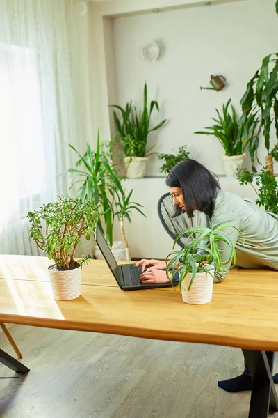 Mujer Florista Con Plantas Macetas Trabaja Ordenador Portátil Tienda Plantas — Foto de Stock