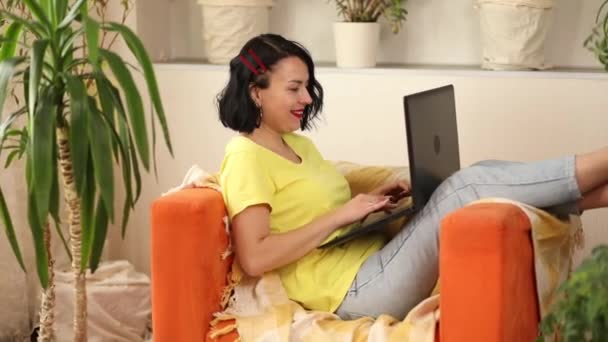 Happy Positive Woman Chatting Online Social Network Using Typing Laptop — Stock Video