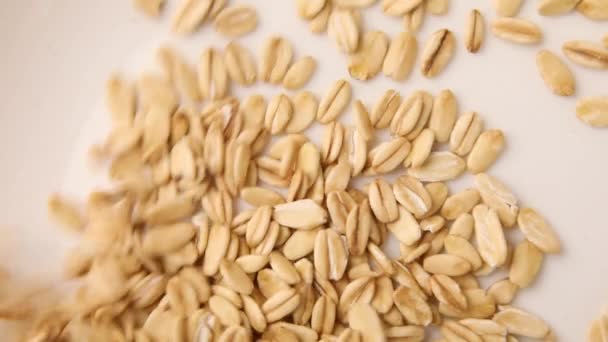 生の乾燥全粒穀物オートミールの穀物を落下 シリアル ベジタリアン健康有機食品ダイエット マクロ — ストック動画