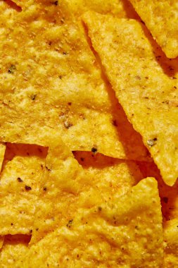 Düz nacho cipsleri, Mısır Tortilla cipsleri veya Nachos 'un Arkaplanı, üst görünüm