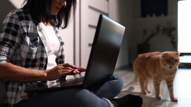 Donna Matura Cerca Sito Web Veterinario Sul Computer Portatile Registrare — Video Stock