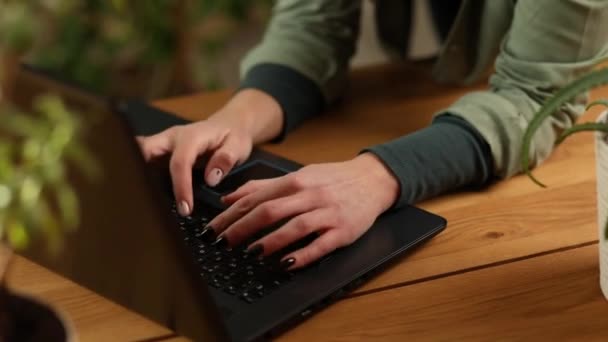 Vrouw bloemist met potplant werkt op een laptop in bloemenwinkel — Stockvideo